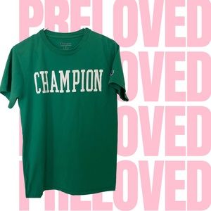 Green CHAMPION Crew T-Shirt with logo in white lettering (adult small)